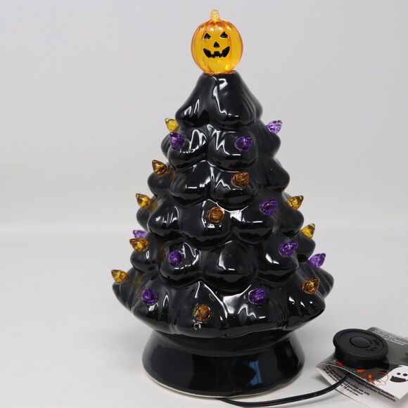 Retro Style Nostalgic Light Up Ceramic Halloween Tree w Pumpkin Topper - Picture 2 of 4